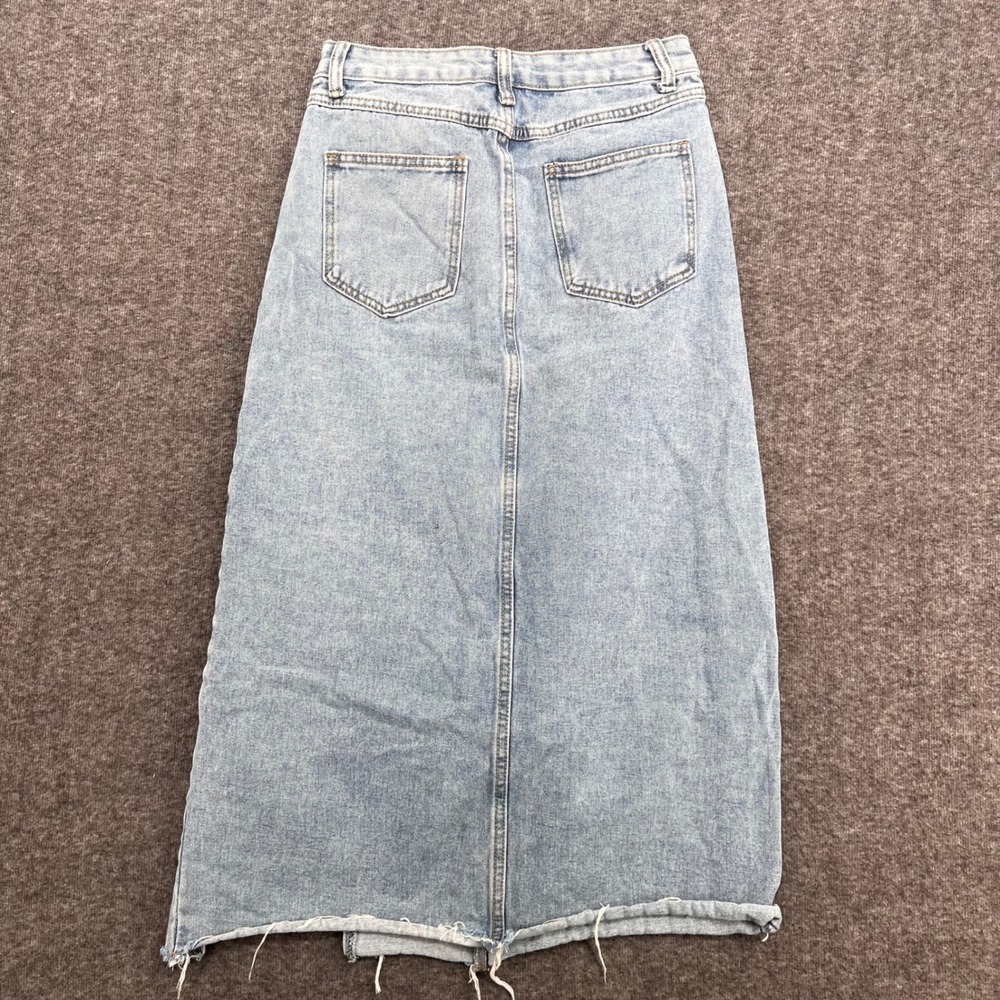 Shein Light Wash Denim Maxi Skirt High Waisted Side Slit Raw Hem Blue Size L - Picture 6 of 12